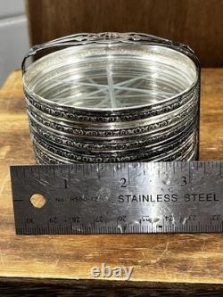 STERLING SILVER RIMS & Starburst Cut GLASS SET OF 8 COASTERS + Holder Monogram D