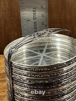 STERLING SILVER RIMS & Starburst Cut GLASS SET OF 8 COASTERS + Holder Monogram D