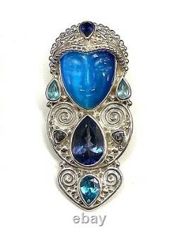 Sajen 925 Sterling Blue Fiber Optic Glass Sapphire Spinel Goddess Brooch Pendant