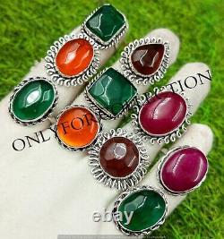 Sale Carving Glass & Mix Gemstone 925 Sterling Silver Plated Wholesale Lot Rings
