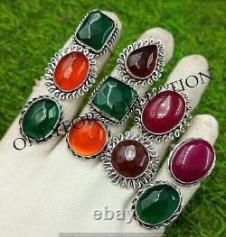 Sale Carving Glass & Mix Gemstone 925 Sterling Silver Plated Wholesale Lot Rings