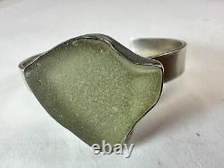 Sea Glass Bracelet Cuff Sterling Silver Foggy Sage Green Earthy Artist Signed