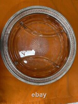 Serving Dish Etched Glass Wallace Sterling Silver Rim Marked