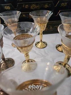 Set 8 Cartier Redlich Sterling Silver Cordial Cups Etched Threaded Glass 5 INCH