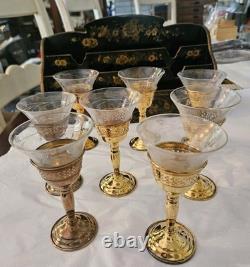 Set 8 Cartier Redlich Sterling Silver Cordial Cups Etched Threaded Glass 5 INCH