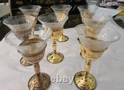 Set 8 Cartier Redlich Sterling Silver Cordial Cups Etched Threaded Glass 5 INCH