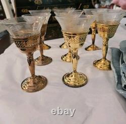 Set 8 Cartier Redlich Sterling Silver Cordial Cups Etched Threaded Glass 5 INCH