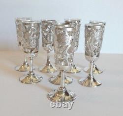 Set/8 Mid-century Mexico Sterling Silver 4 Pierced Cordials, Glass Liners