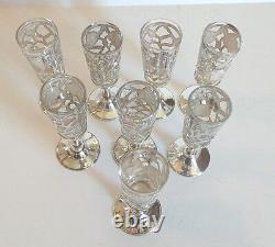 Set/8 Mid-century Mexico Sterling Silver 4 Pierced Cordials, Glass Liners