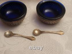 Set Of 2 Webster Sterling Silver Salt Dishes Cobalt Blue Glass 2 silver spoons