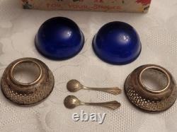 Set Of 2 Webster Sterling Silver Salt Dishes Cobalt Blue Glass 2 silver spoons
