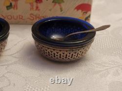 Set Of 2 Webster Sterling Silver Salt Dishes Cobalt Blue Glass 2 silver spoons