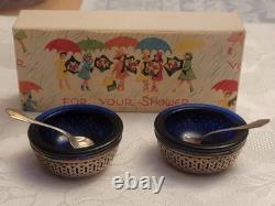 Set Of 2 Webster Sterling Silver Salt Dishes Cobalt Blue Glass 2 silver spoons
