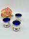 Set Of 3 Sterling Silver Footed Salt Cellars With Cobalt Glass Inserts