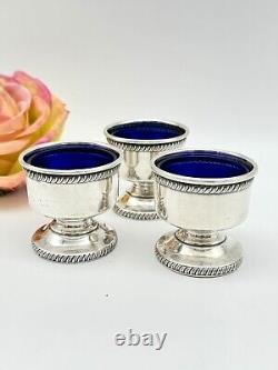 Set Of 3 Sterling Silver Footed Salt Cellars With Cobalt Glass Inserts