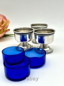 Set Of 3 Sterling Silver Footed Salt Cellars With Cobalt Glass Inserts