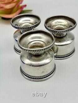 Set Of 3 Sterling Silver Footed Salt Cellars With Cobalt Glass Inserts