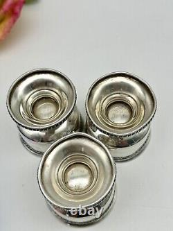 Set Of 3 Sterling Silver Footed Salt Cellars With Cobalt Glass Inserts