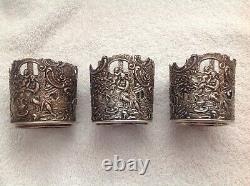 Set Of 3 Sterling Silver Repousse Glass Holders Only With Hallmark