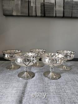 Set Of 5 Antique Sterling Silver Overlay Sherbet Cups / Dessert Glasses