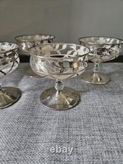 Set Of 5 Antique Sterling Silver Overlay Sherbet Cups / Dessert Glasses