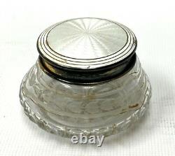 Set of 3 Guilloche White Enamel Sterling Silver Cut Glass Dresser Jars