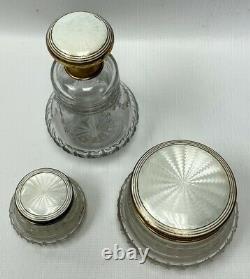 Set of 3 Guilloche White Enamel Sterling Silver Cut Glass Dresser Jars