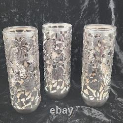 Set of 3 Sterling Silver Overlay Floral Roses Glass Tumblers Highball