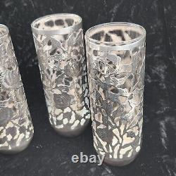 Set of 3 Sterling Silver Overlay Floral Roses Glass Tumblers Highball