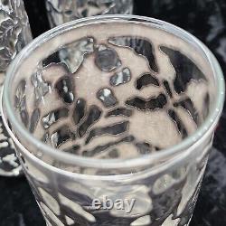 Set of 3 Sterling Silver Overlay Floral Roses Glass Tumblers Highball