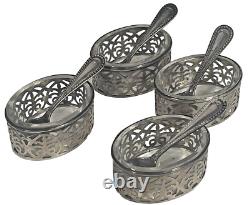 Set of 4 Antique Ornate Sterling Silver. 925 Spoon & Caviar Glass Dish