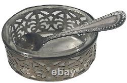 Set of 4 Antique Ornate Sterling Silver. 925 Spoon & Caviar Glass Dish