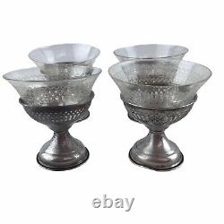 Set of 4 Sterling Silver Etched Elegant Glass Liners Sherbet Dessert Cups