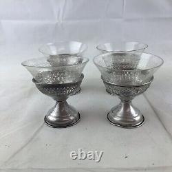 Set of 4 Sterling Silver Etched Elegant Glass Liners Sherbet Dessert Cups