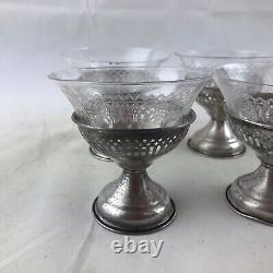 Set of 4 Sterling Silver Etched Elegant Glass Liners Sherbet Dessert Cups