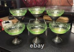 Set of 6 Uranium Glass Sterling Silver Base Sherbet Cups