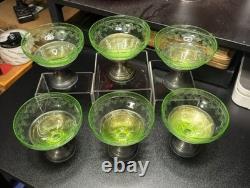 Set of 6 Uranium Glass Sterling Silver Base Sherbet Cups