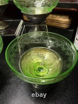 Set of 6 Uranium Glass Sterling Silver Base Sherbet Cups