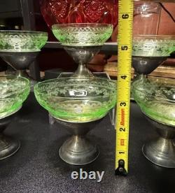 Set of 6 Uranium Glass Sterling Silver Base Sherbet Cups