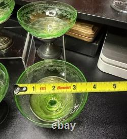 Set of 6 Uranium Glass Sterling Silver Base Sherbet Cups