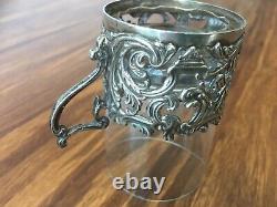 Set of 6 antique old coffee glass cups with sterling silver holders, 1900, London