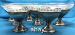 Set of 8 Sterling SILVER & ETCHED 2-PC SCREW-IN GLASS ICE CREAM CUPS Unbranded