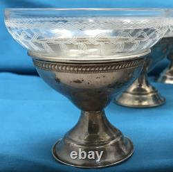 Set of 8 Sterling SILVER & ETCHED 2-PC SCREW-IN GLASS ICE CREAM CUPS Unbranded