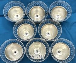Set of 8 Sterling SILVER & ETCHED 2-PC SCREW-IN GLASS ICE CREAM CUPS Unbranded