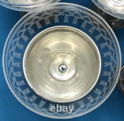 Set of 8 Sterling SILVER & ETCHED 2-PC SCREW-IN GLASS ICE CREAM CUPS Unbranded