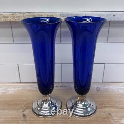 Sheffield Silver Co Sterling & Cobalt Blue Glass Trumpet Vases Pair Vintage
