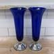 Sheffield Silver Co Sterling & Cobalt Blue Glass Trumpet Vases Pair Vintage