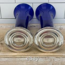 Sheffield Silver Co Sterling & Cobalt Blue Glass Trumpet Vases Pair Vintage