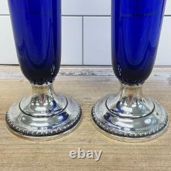 Sheffield Silver Co Sterling & Cobalt Blue Glass Trumpet Vases Pair Vintage