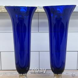 Sheffield Silver Co Sterling & Cobalt Blue Glass Trumpet Vases Pair Vintage